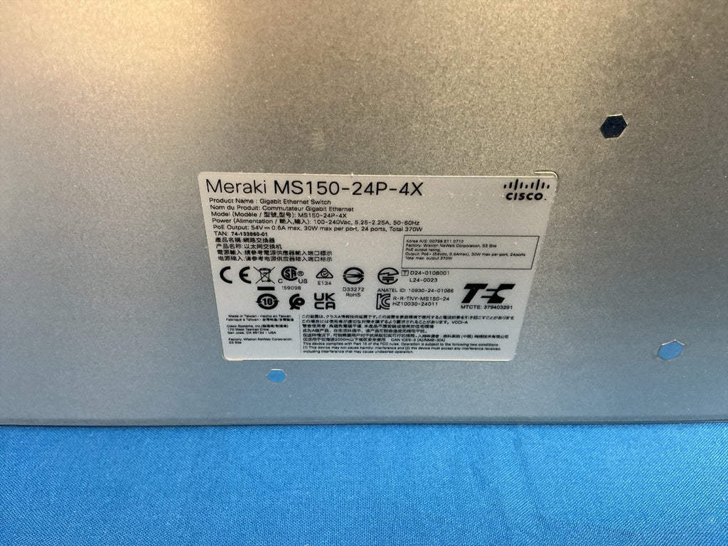 MS150-24P-4X Cisco Meraki 24-Port Gigabit PoE+ Switch  SFP+ Uplinks Unclaimed