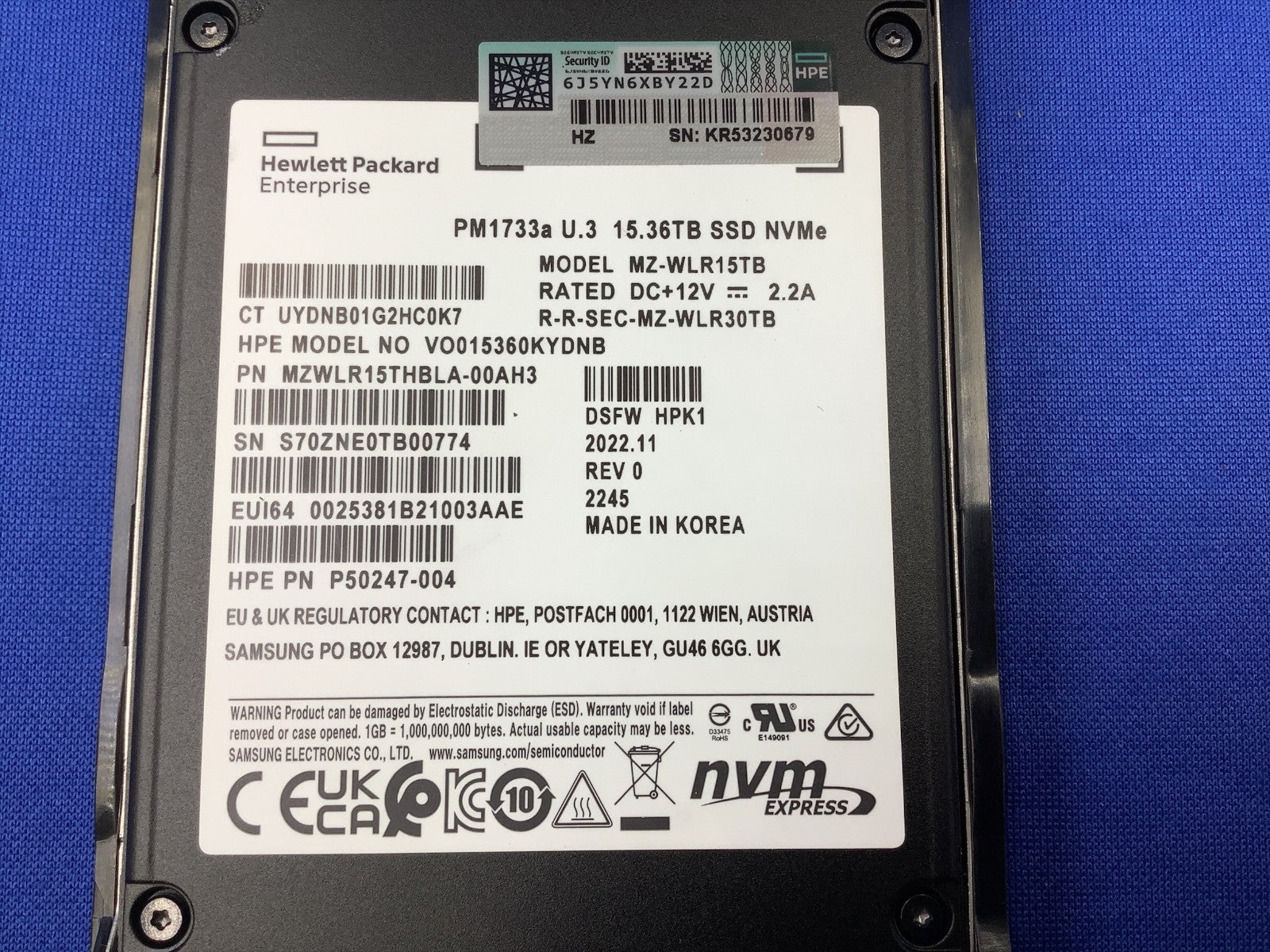P50224-B21 HPE 15.36TB NVME GEN4 READ INTENSIVE SFF BC U.3 PM17 P50961-001