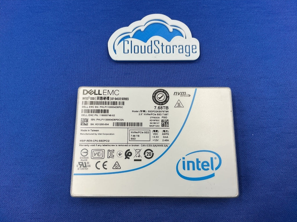 Dell EMC 118000748-02 7.68TB Intel D7-D4512 NVMe SED SSD SSDPD2KS076T8R