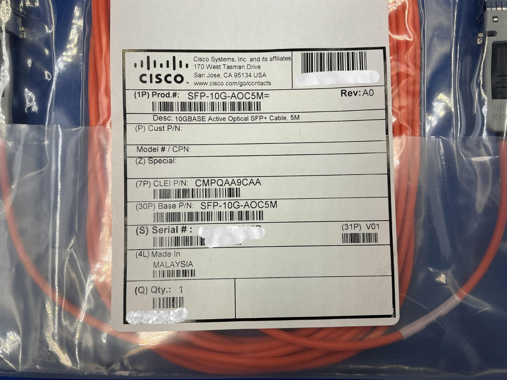 NEW Cisco SFP-10G-AOC5M 5M 10GbE SFP+Active Optical Fiber Cable