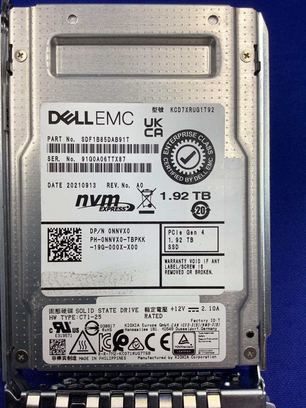 NNVX0 DELL KIOXIA CD7-R KCD7XRUG1T92 1.92TB NVMe PCIe Gen4 RI 2.5'' 0NNVX0