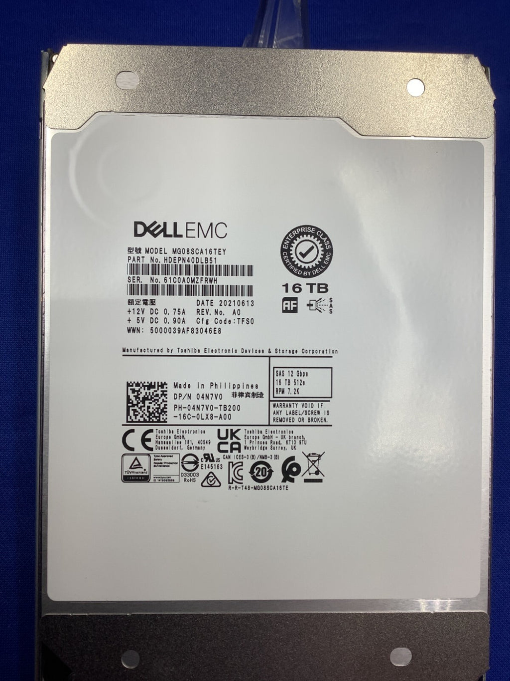 4N7V0 Dell 16TB 7.2K 12Gbps NL SAS 3.5'' 512e HDD 04N7V0 MG08SCA16TEY