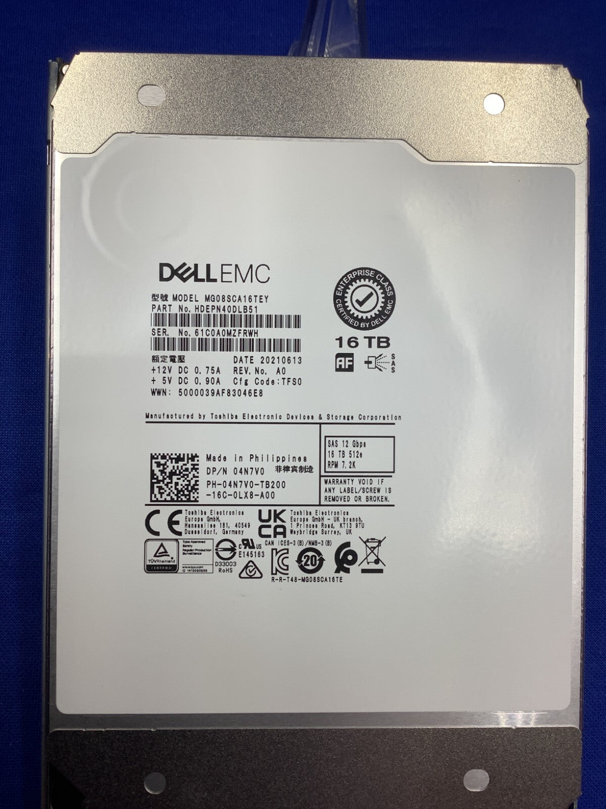 4N7V0 Dell 16TB 7.2K 12Gbps NL SAS 3.5'' 512e HDD 04N7V0 MG08SCA16TEY