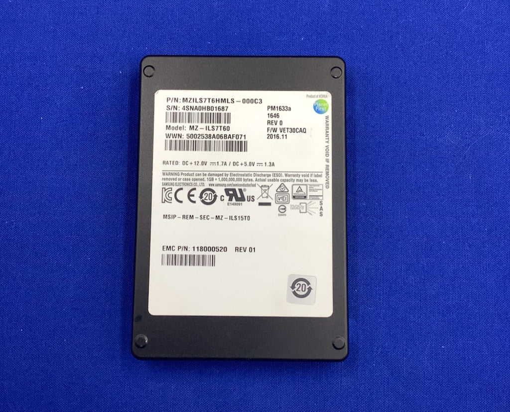 MZ-ILS7T60 Samsung PM1633a 7.68TB 12Gb/s SAS 2.5" SSD EMC 118000520 NO TRAY