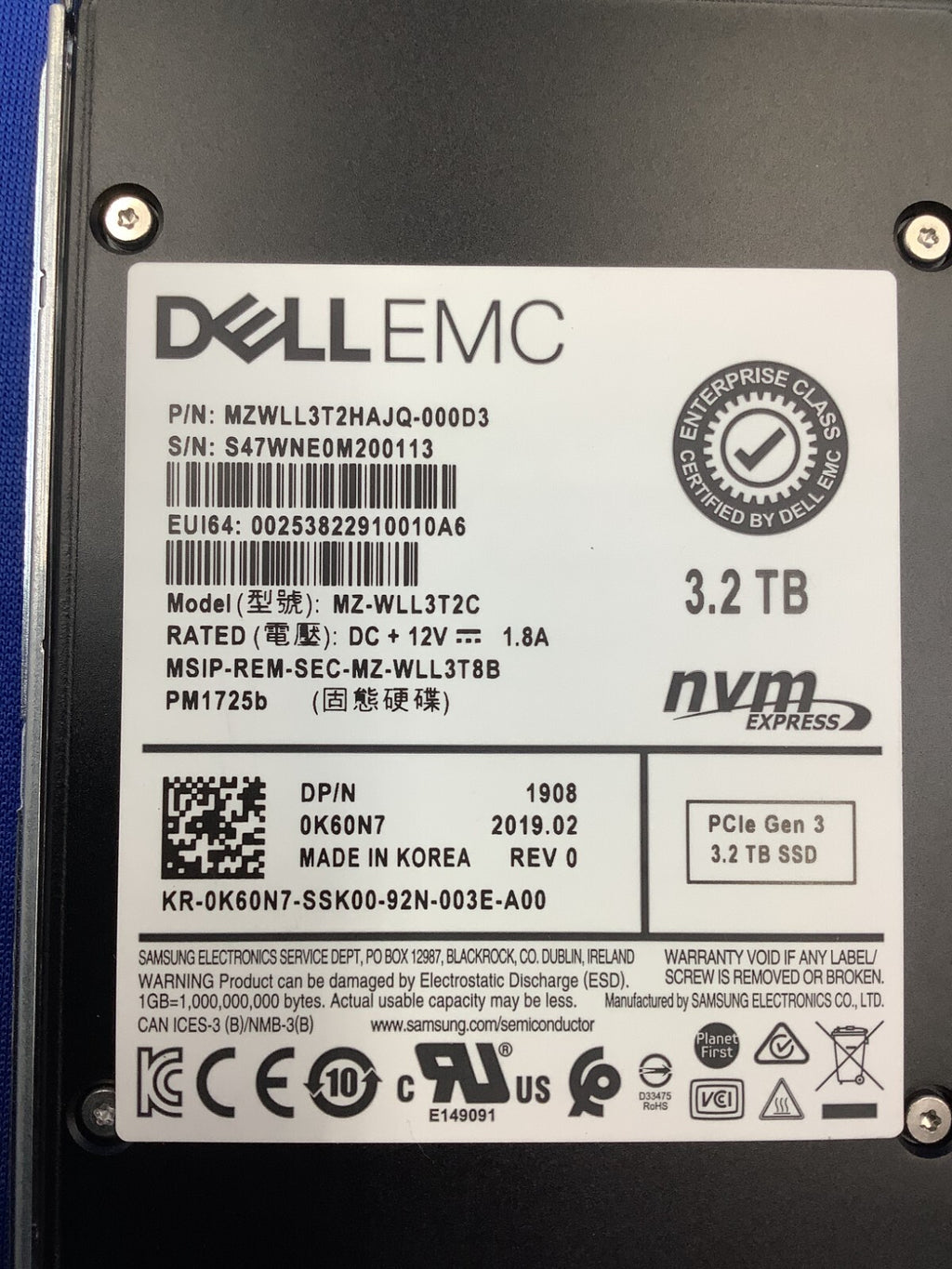 K60N7 DELL EMC SAMSUNG PM1725B 3.2TB NVMe 2.5 SSD 0K60N7 MZ-WLL3T2C MZWLL3T2HAJQ