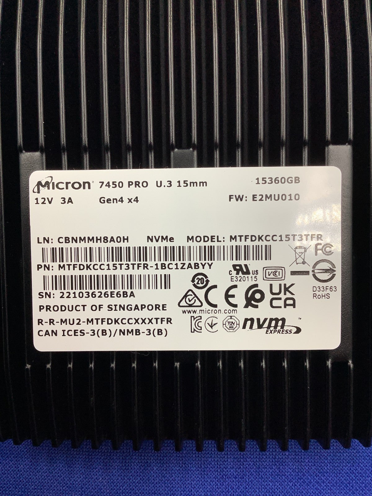 MTFDKCC15T3TFR Micron 7450 PRO 15.36TB U.3 15mm PCIe NVMe 2.5'' SSD
