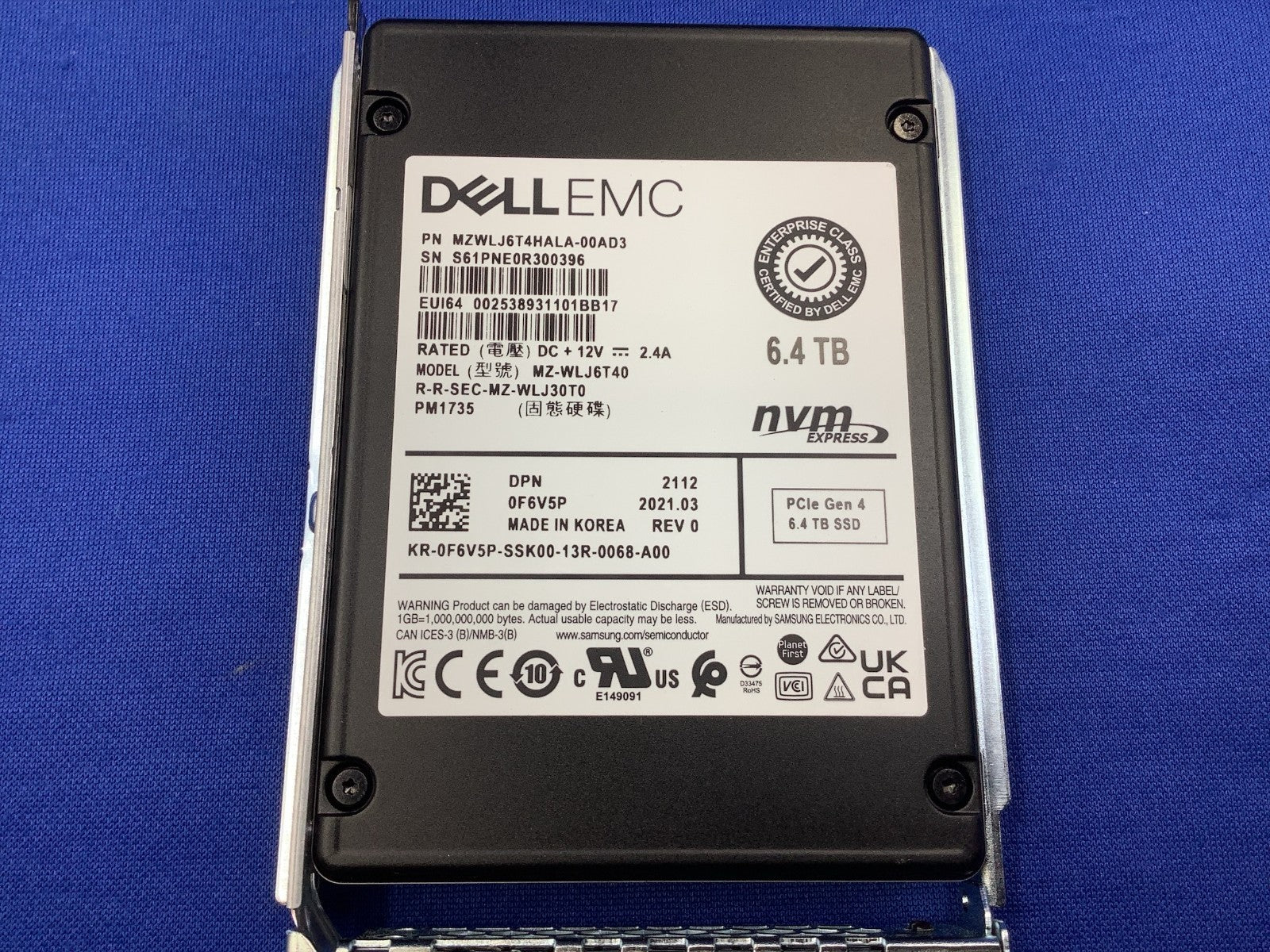 F6V5P Dell 0F6V5P 6.4TB PCIe Gen4 NVMe Mix Use TLC 2.5 U.2 SSD PM1735 MZ-WLJ6T40