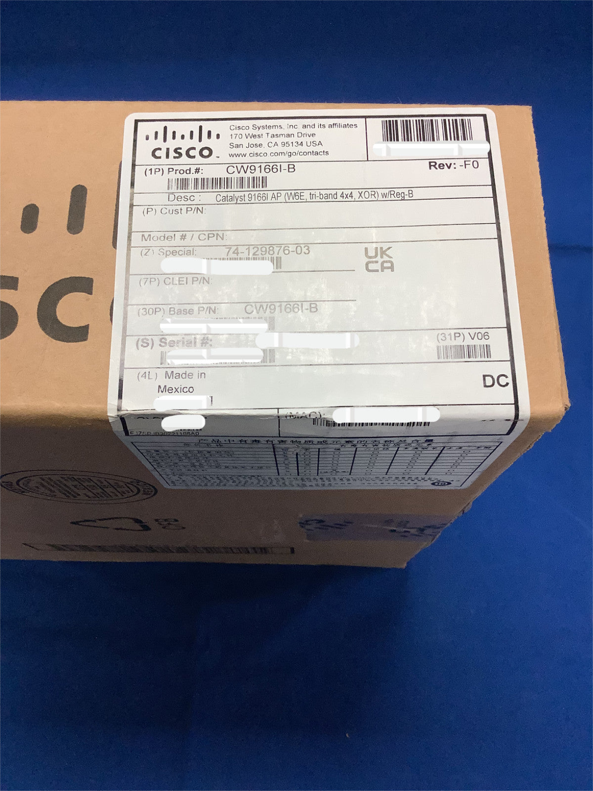 NOB CW9166I-B Cisco Catalyst 9166I AP Indoor Wireless AP WiFi 6E 74-129876-02