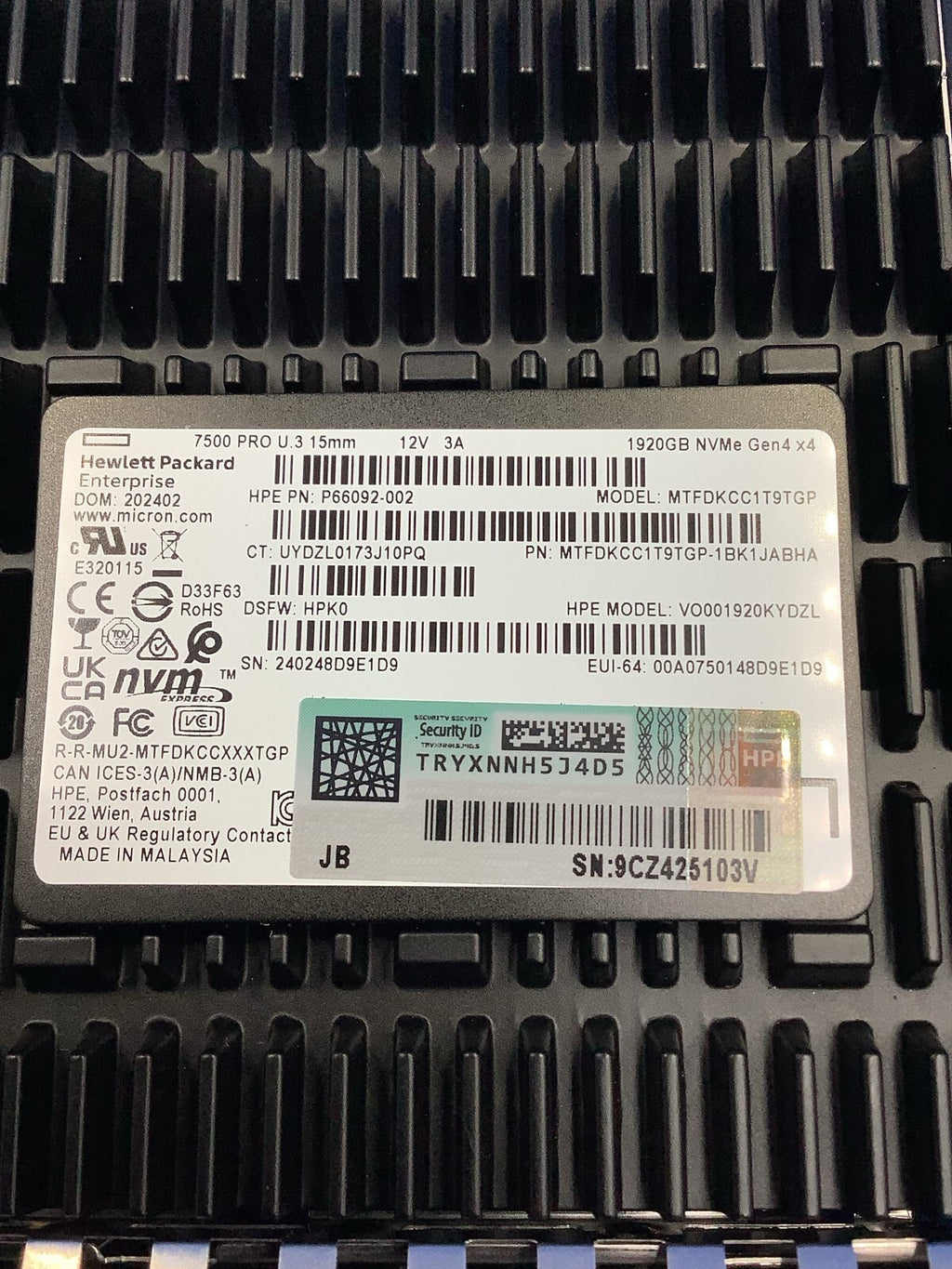 HPE 1.92T NVMeRI SFF BC U.3ST V2 MV SSD