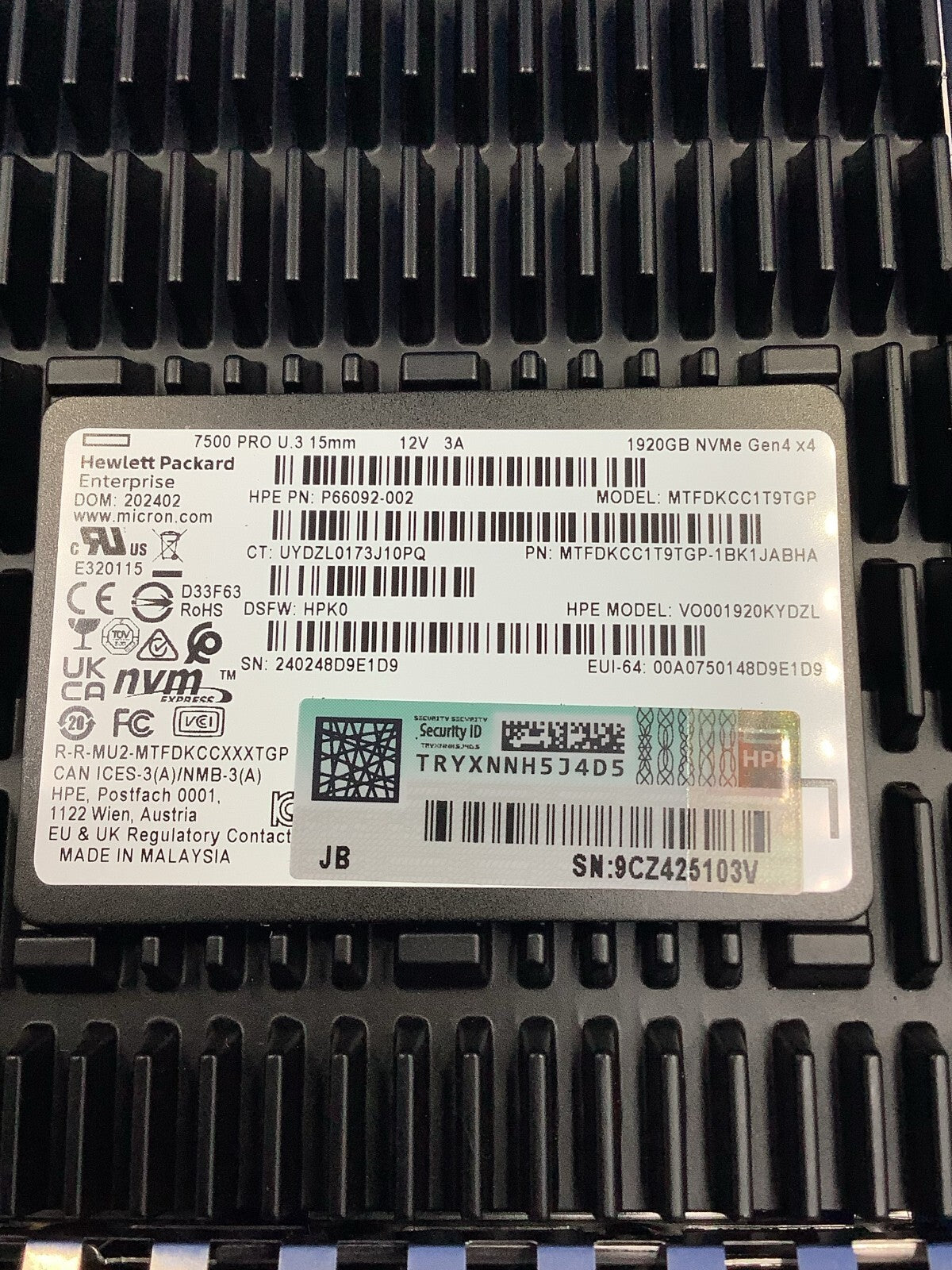 HPE 1.92T NVMeRI SFF BC U.3ST V2 MV SSD