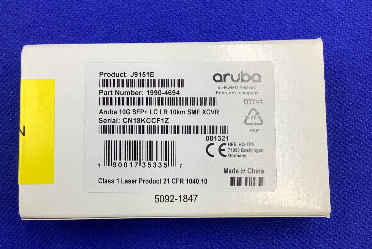 NEW F/S RETAIL J9151E HPE ARUBA 10G SFP+ LC LR 10KM SMF TRANSCEIVER