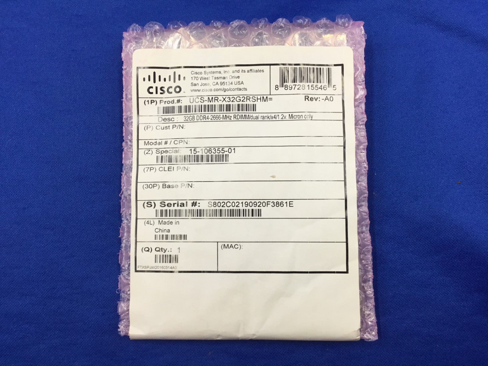 UCS-MR-X32G2RSHM Cisco 32GB 2RX4 PC4-2666V DDR4 RDIMM MEMORY