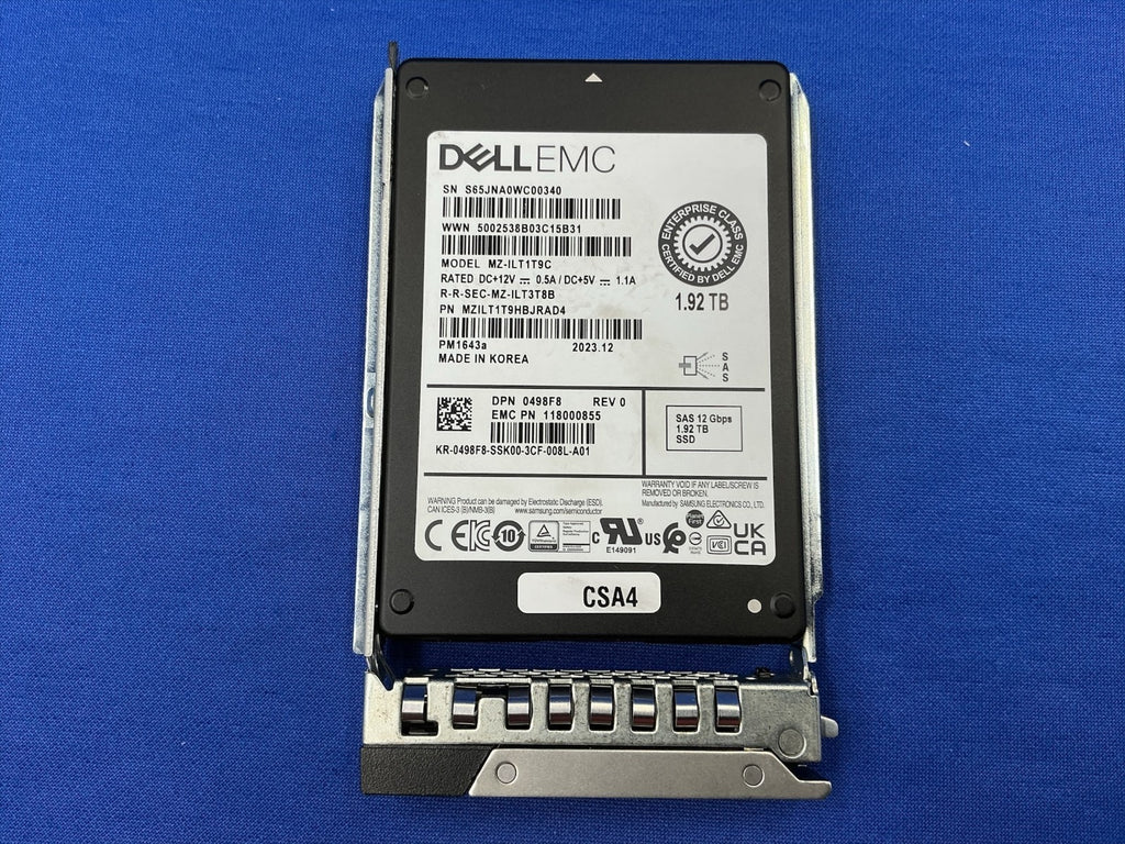 498F8 Dell PM1643a 1.92TB SAS 12Gbps Read Intensive 2.5'' SSD 0498F8 MZ-ILT1T9C