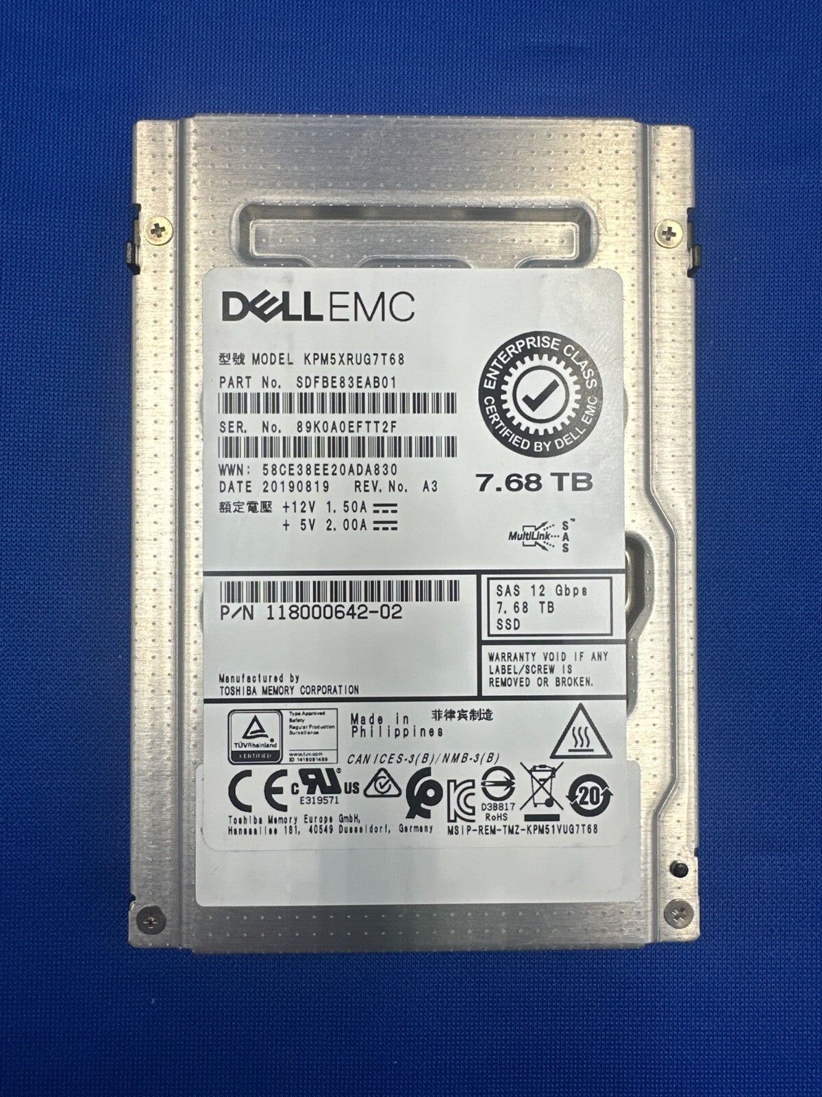 KPM5XRUG7T68 Dell EMC ENTERPRISE  7.68TB SAS 12Gbps 2.5 SSD EMC  118000642-02