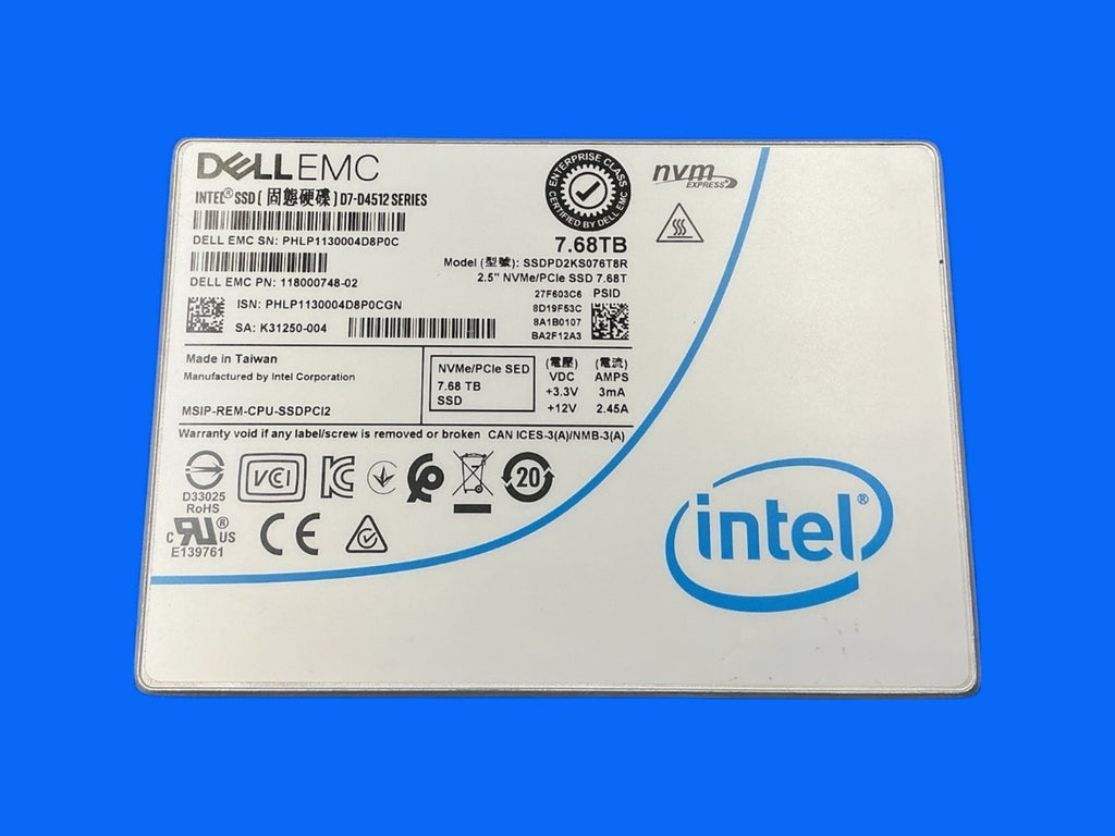 Dell EMC 118000748-02 7.68TB Intel D7-D4512 NVMe SED SSD SSDPD2KS076T8R