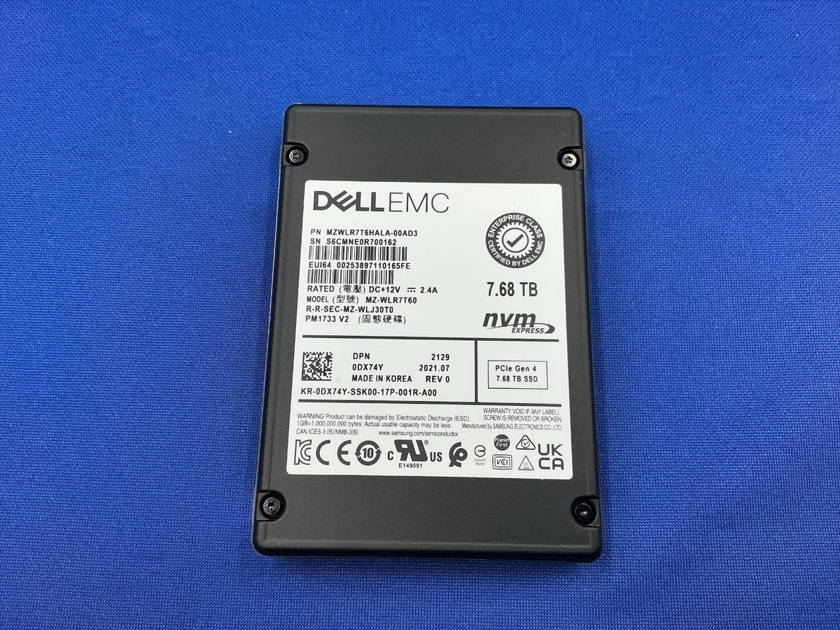 DX74Y Dell 7.68TB PCIe4.0 NVMe Read Intensive 2.5'' U.2 SSD MZ-WLR7T60 0DX74Y