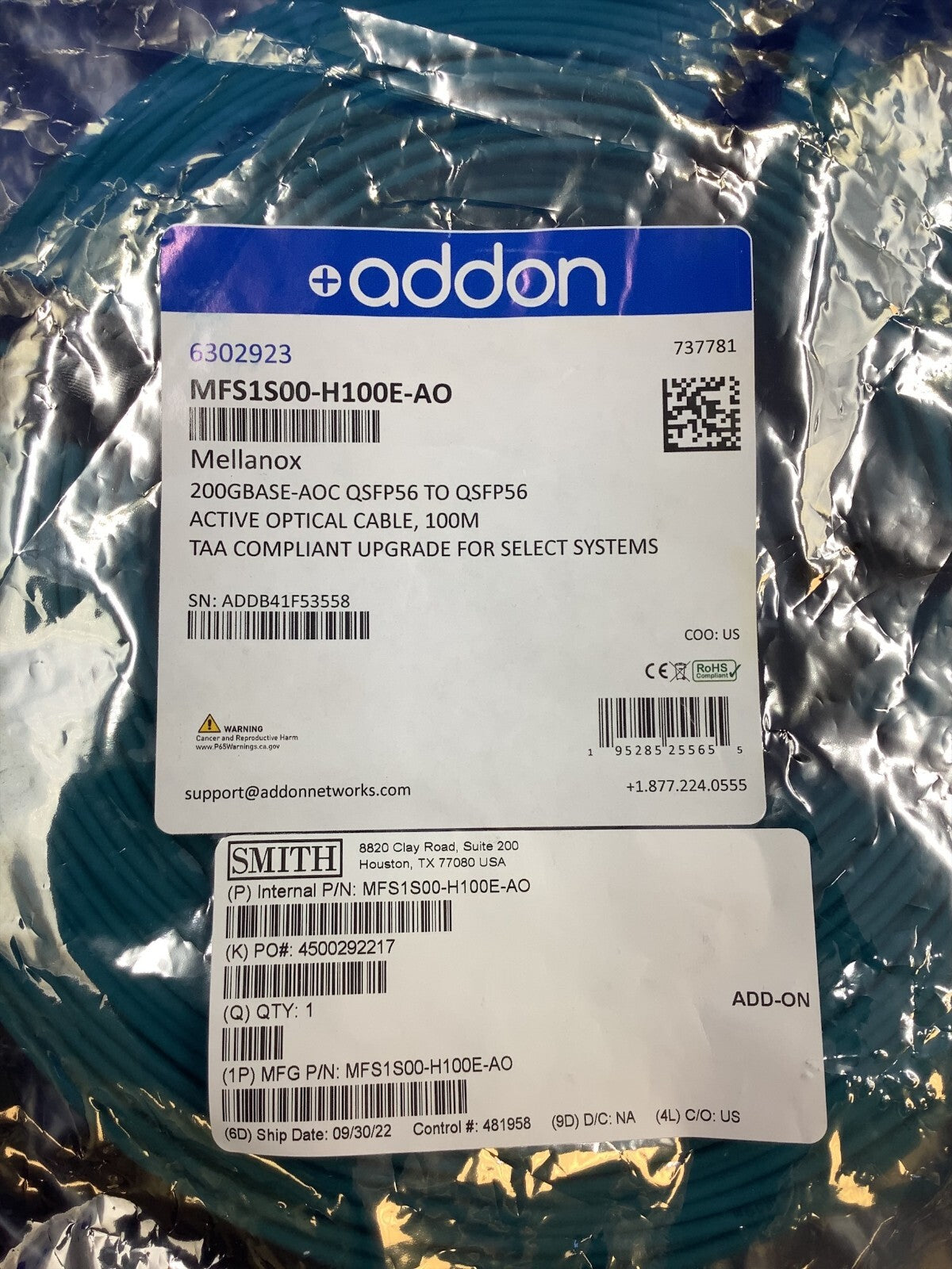 AddOn Compatible Mellanox MFS1S00-H100E 200GBase-AOC QSFP56 ACTIVE OPTICAL CABLE