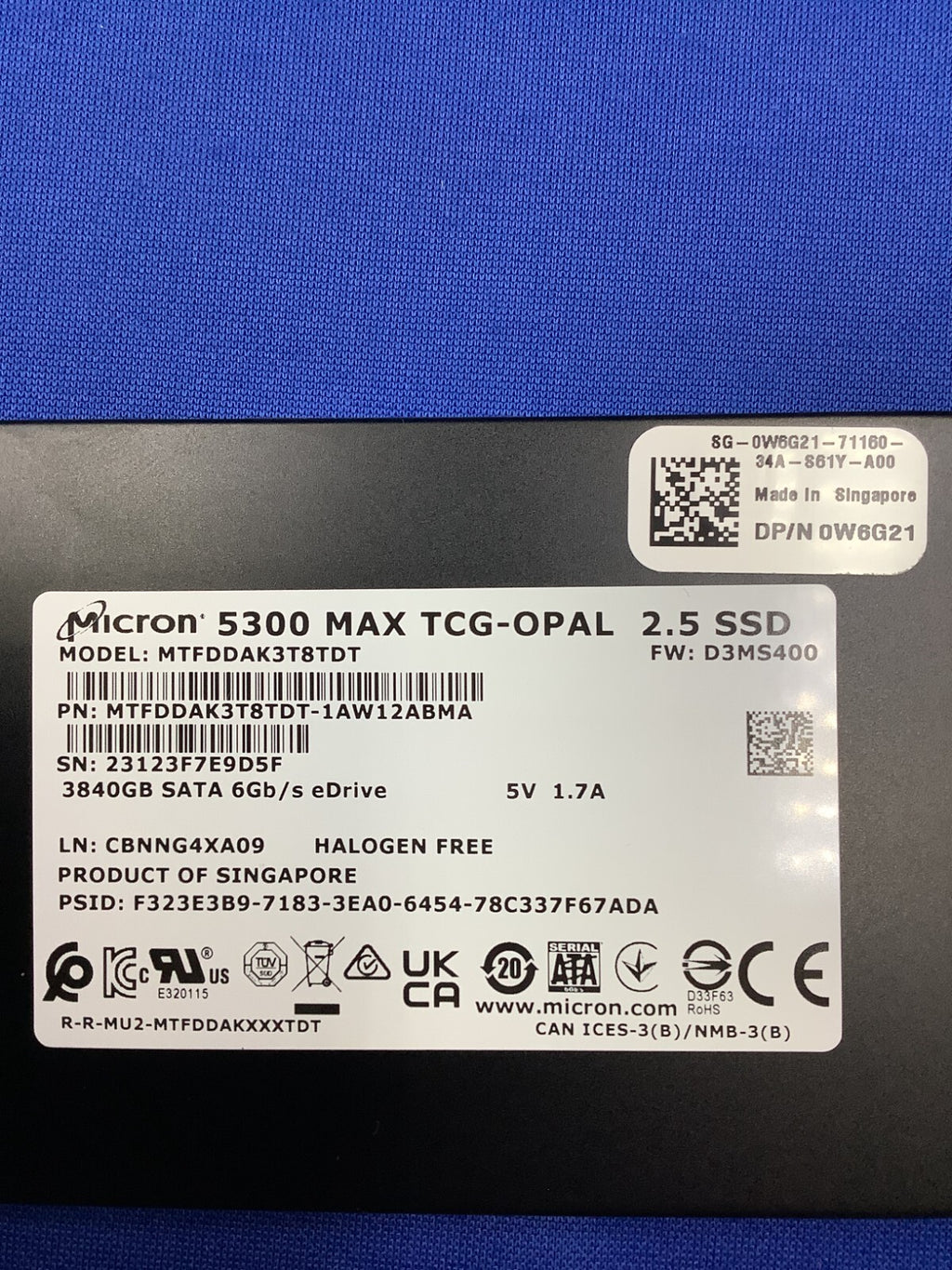 W6G21 DELL/MICRON 5300 MAX 3.84TB 2.5 6Gb SATA TCG-opal SSD 0W6G21 MTFDDAK3T8TDT