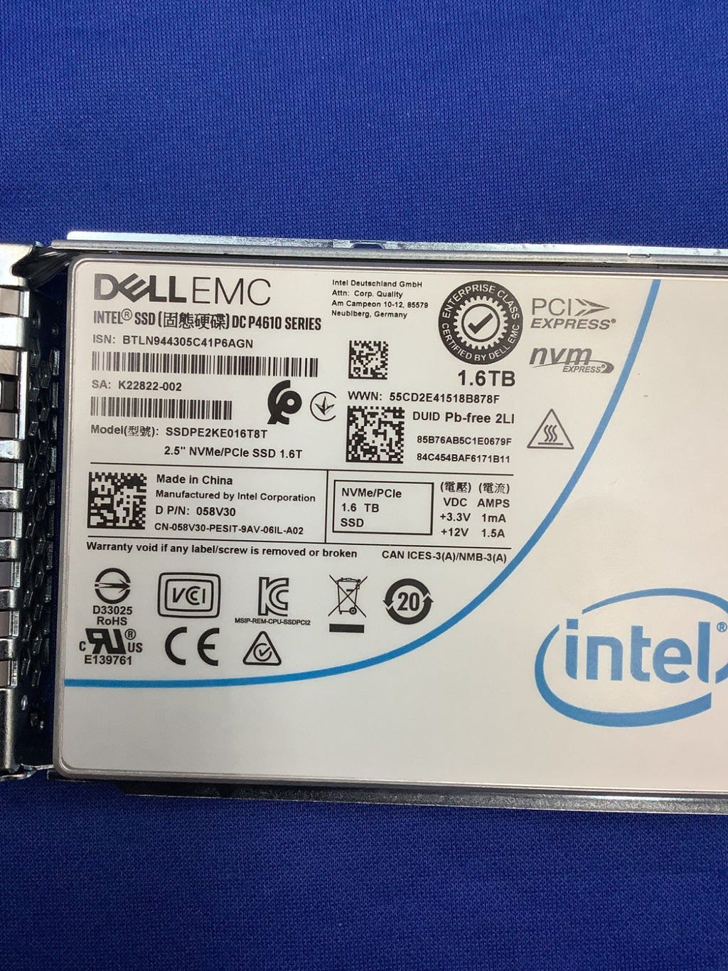 58V30 DELL EMC DC P4610 SERIES 1.6TB 2.5IN NVMe/PCIe SSD 058V30 SSDPE2KE016T8T