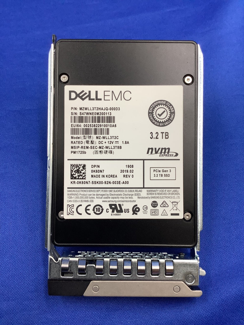 K60N7 DELL EMC SAMSUNG PM1725B 3.2TB NVMe 2.5 SSD 0K60N7 MZ-WLL3T2C MZWLL3T2HAJQ
