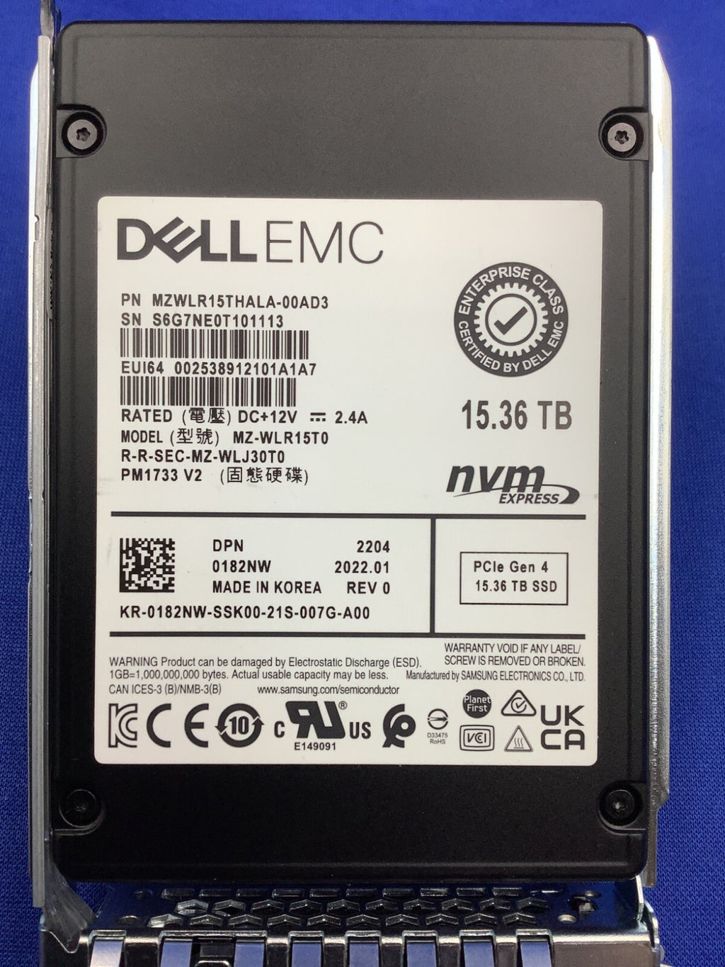 182NW DELL EMC Samsung PM1733 15.36TB Nvme PCIe Gen4 2.5'' SSD MZ-WLR15T0 0182NW