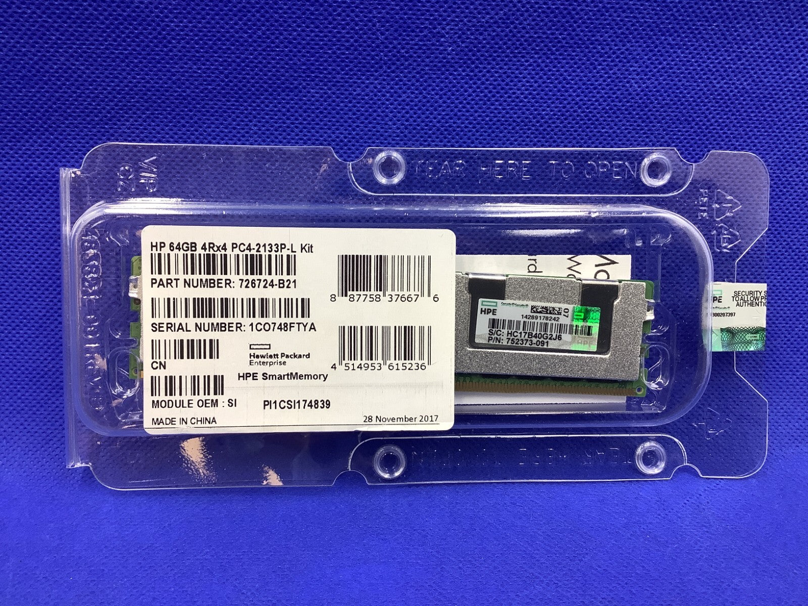 F/S  752373-091 HP 64GB (1X64GB) 4RX4 PC4-2133P MEMORY 726724-B21 774176-001