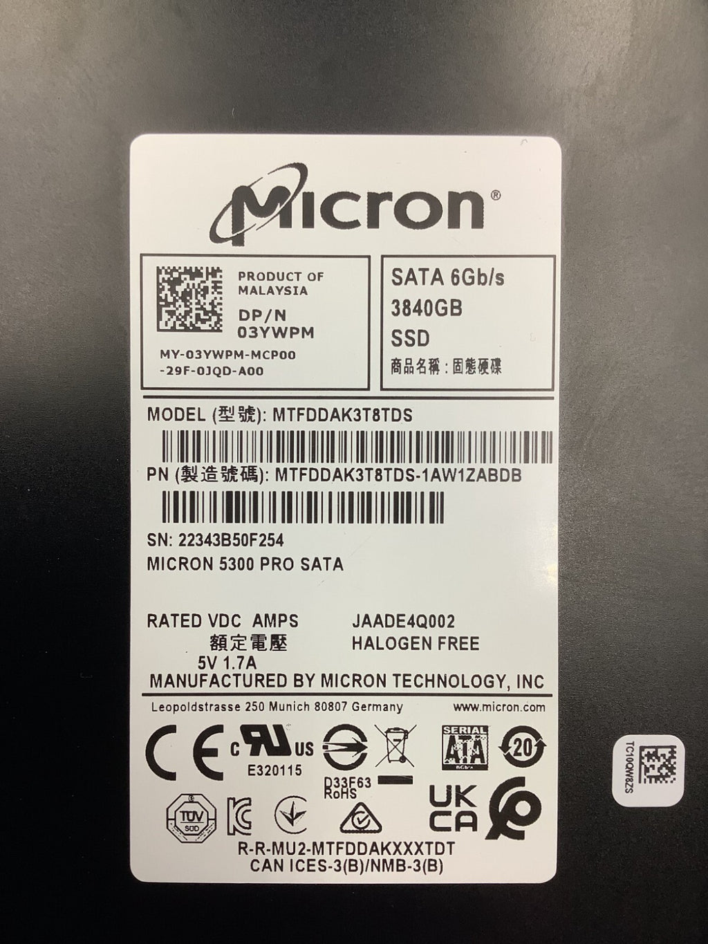 3YWPM MICRON 5300 PRO 3.84TB SATA 6Gb/s 2.5‚Äú SSD MTFDDAK3T8TDS 03YWPM