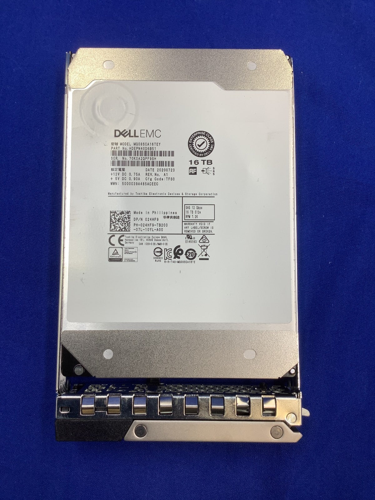 024HF9  24HF9  Dell EMC 16TB 7.2K RPM SAS 12Gbps 512e 3.5in HDD MG08SCA16TEY