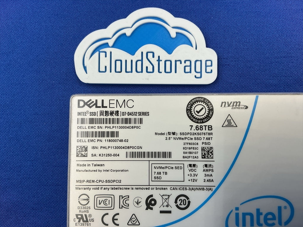 Dell EMC 118000748-02 7.68TB Intel D7-D4512 NVMe SED SSD SSDPD2KS076T8R