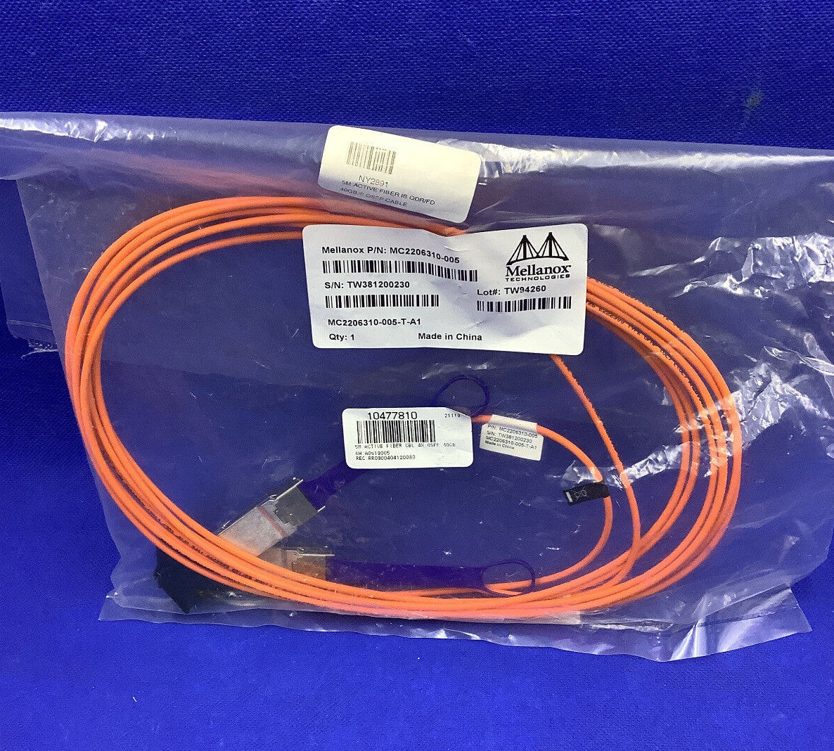 MC2206310-005 Mellanox 40Gb/s IB QDR/FDR10 Active Optical Cable 5m