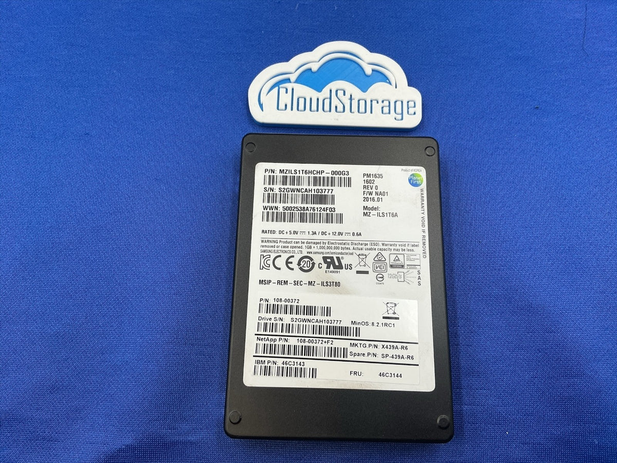 X439A-R6  NETAPP Samsung 1.6TB PM1635 SAS 2.5" SFF SSD 108-00372+F2 MZ-ILS1T6A