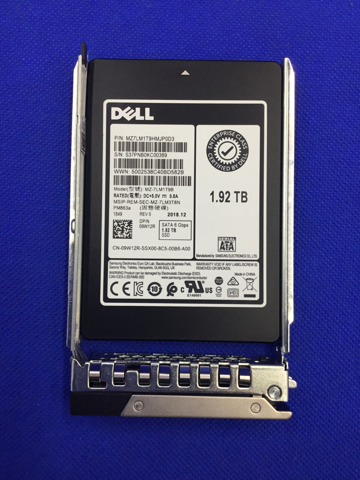 9W12R Dell 1.92TB SATA 6GBPS Enterprise 2.5" SSD MZ-7LM1T9B 09W12R
