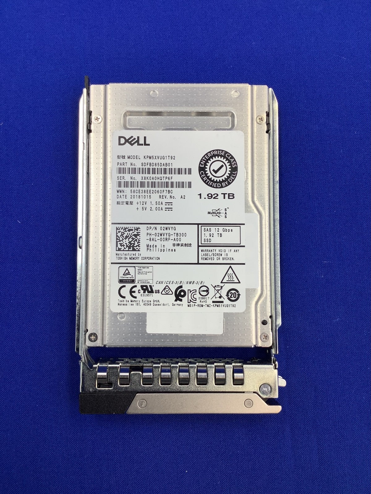 2WVYG Dell 1.92TB SAS 12Gbps Mix Use 2.5'' SSD KPM5XVUG1T92 with tray
