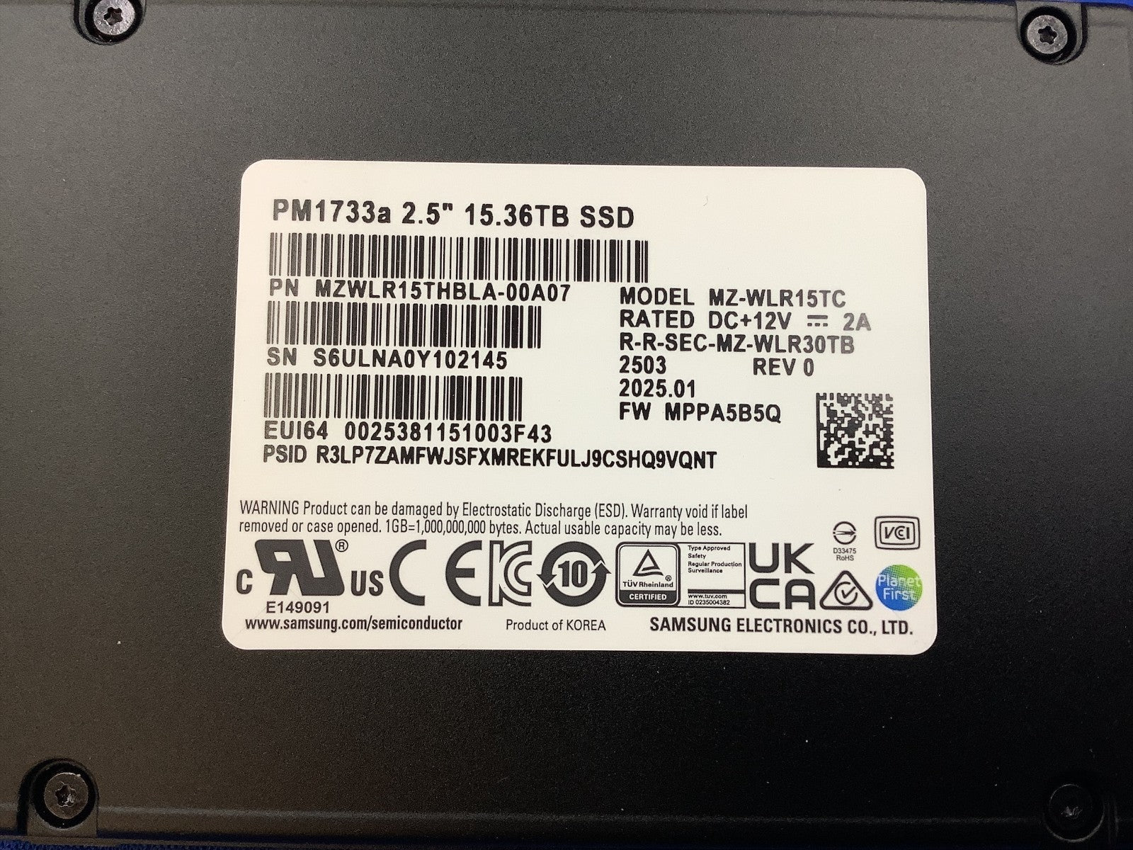 MZ-WLR15TC Samsung PM1733A 15.36TB NVMe PCIE 4.0 U.2 2.5" SSD MZWLR15THBLA