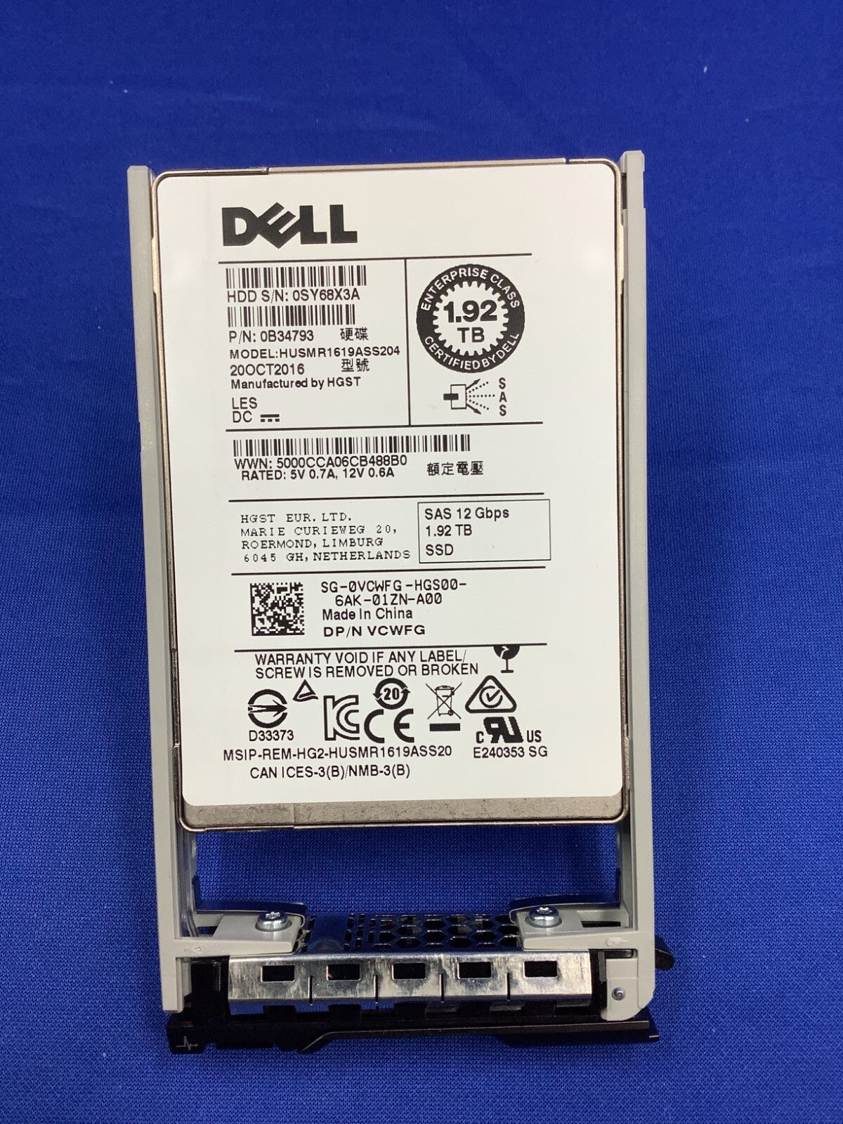 0VCWFG Dell 1.92TB SAS 12Gb/s Read Intensive 2.5in SSD VCWFG HUSMR1619ASS204