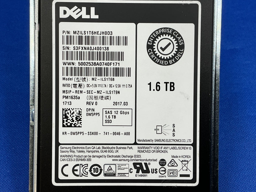 W5PP5  0W5PP5 Dell PM1635a 1.6TB 12Gbps SAS MU TLC 2.5 SSD MZ-ILS1T6B