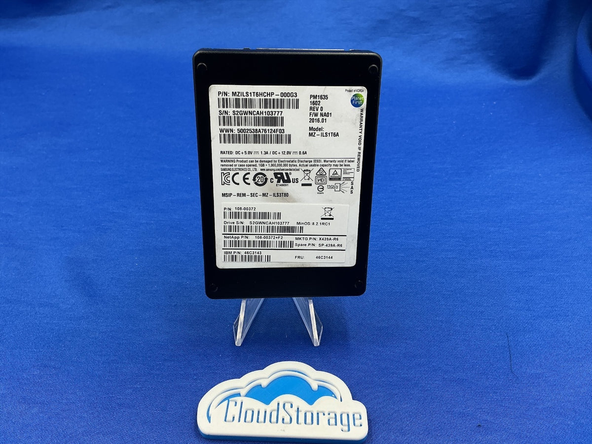 X439A-R6  NETAPP Samsung 1.6TB PM1635 SAS 2.5" SFF SSD 108-00372+F2 MZ-ILS1T6A