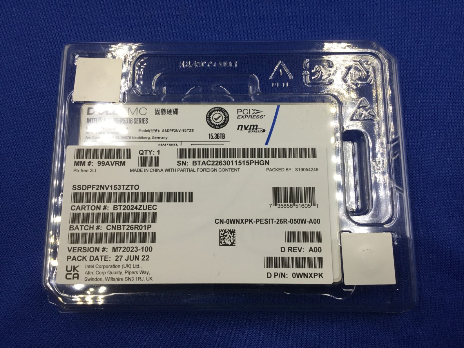 DELL/INTEL D5-P5316 Series 15.36TB PCIe4.0 NVME U.2 2.5" SSD