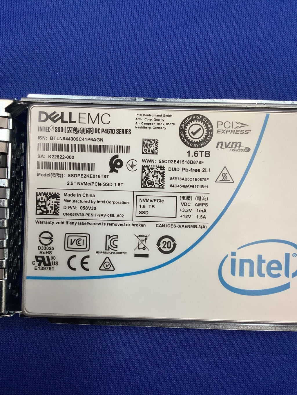 58V30 DELL EMC DC P4610 SERIES 1.6TB 2.5IN NVMe/PCIe SSD 058V30 SSDPE2KE016T8T