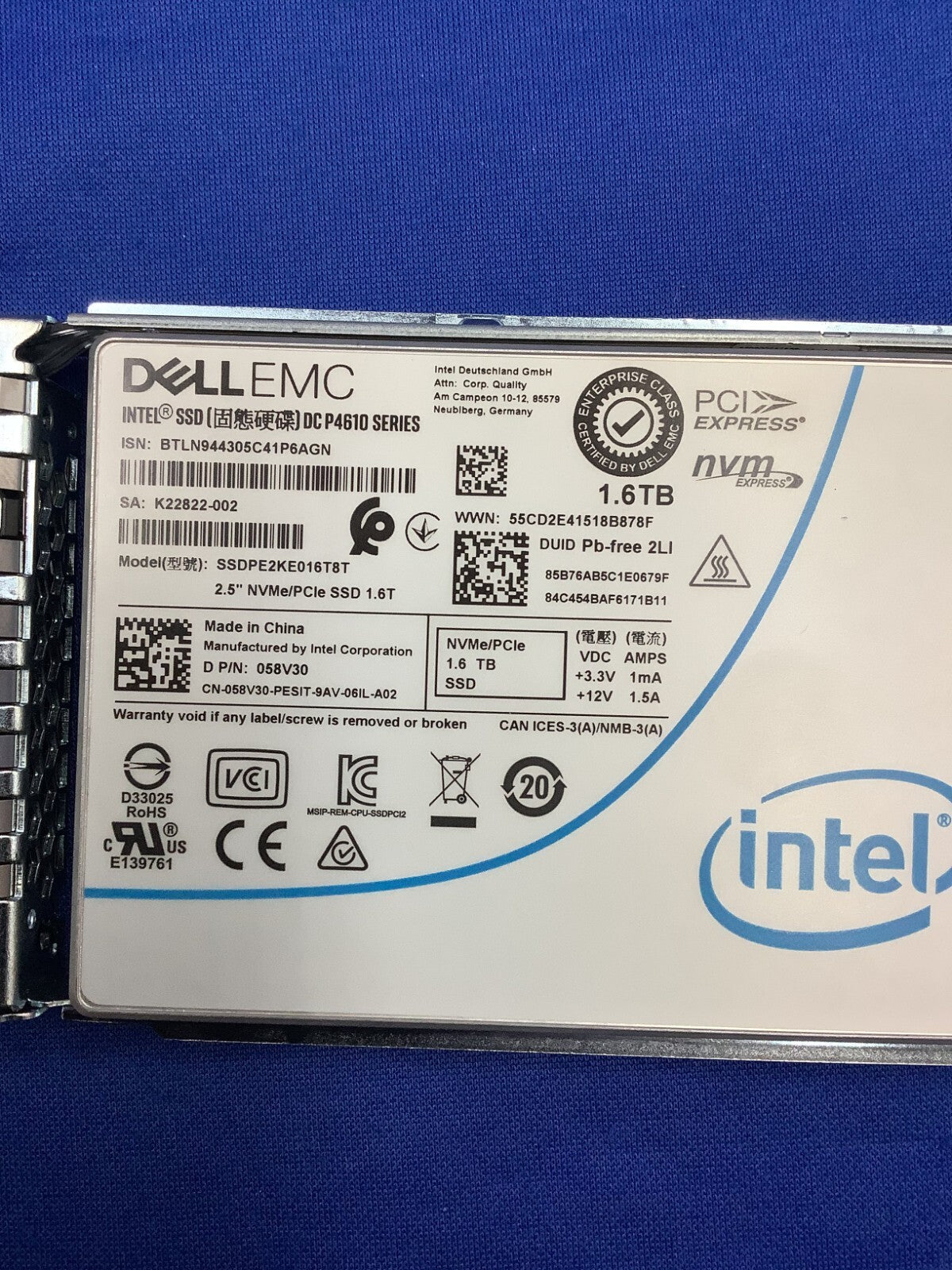 58V30 DELL EMC DC P4610 SERIES 1.6TB 2.5IN NVMe/PCIe SSD 058V30 SSDPE2KE016T8T