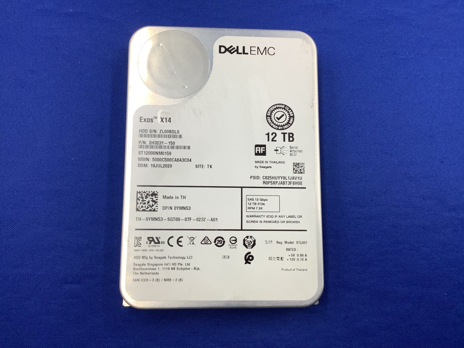 YMN53 Dell 12TB  EXOS X14  7.2K SAS 12Gb/s 3.5in 512e HDD 0YMN53 ST12000NM0158