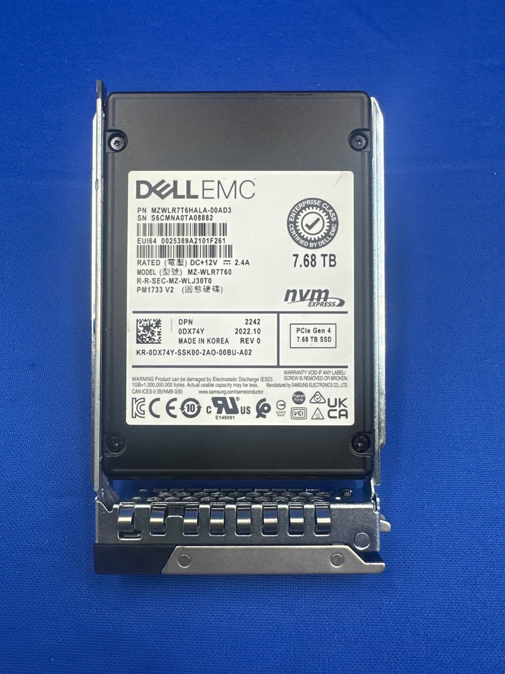 DX74Y Dell 7.68TB PCIe4.0 NVMe Read Intensive 2.5'' U.2 SSD MZ-WLR7T60 0DX74Y